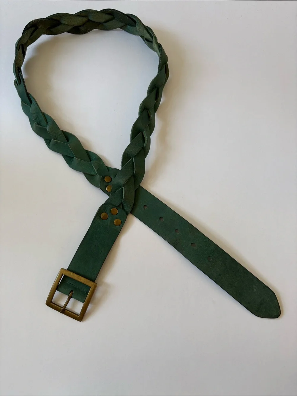 VNTG Old Navy Leather Green Braided Pleated Belt L Rivet Square Buckle Western